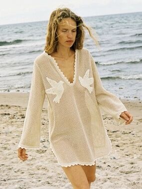 Sea New York Sally Crochet Mini Dress Cover Up Beige Tan | M